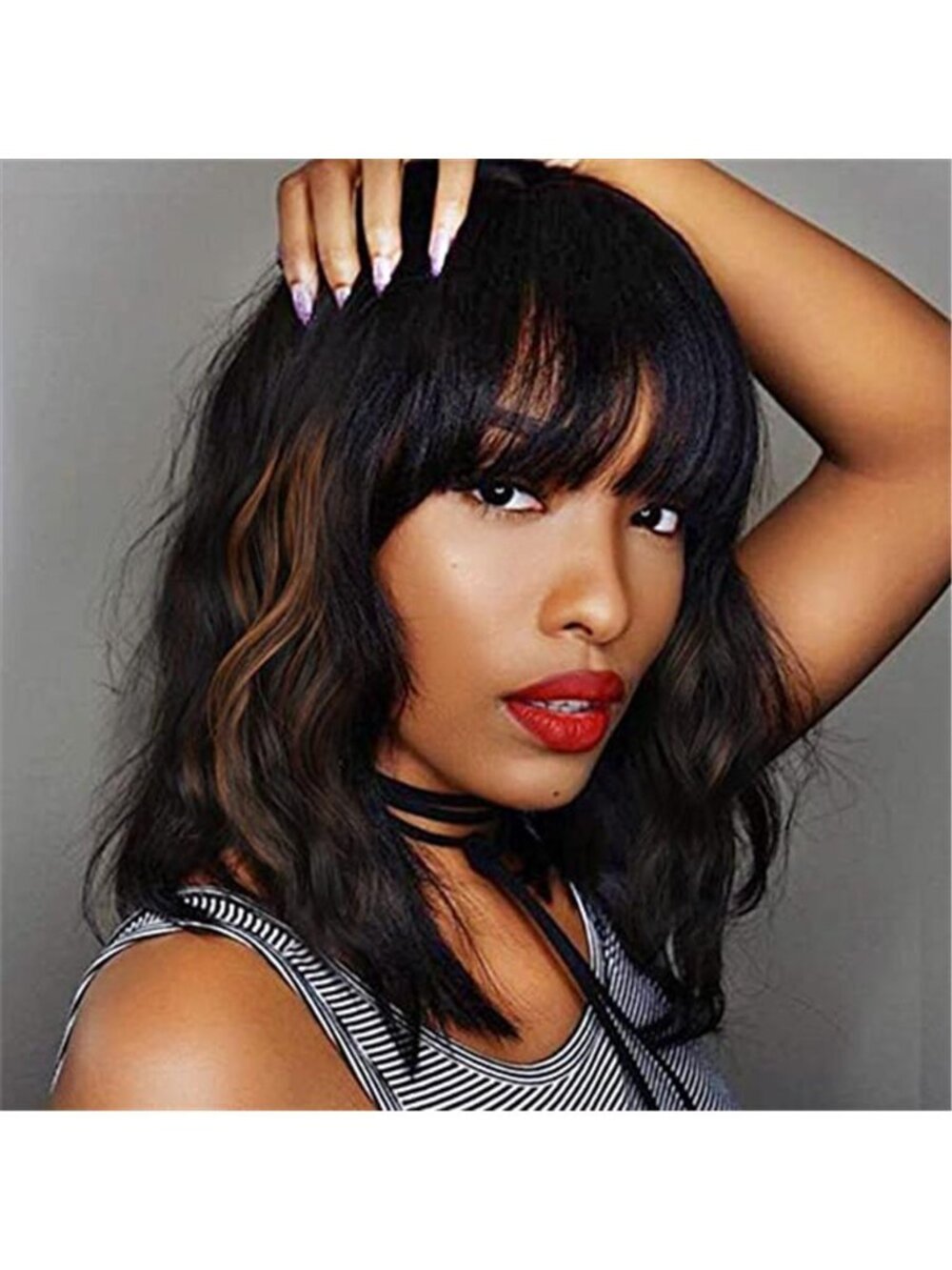Black Mixed Brown Wig for Black Women Short Wavy Curly Bob Wig with Bangs